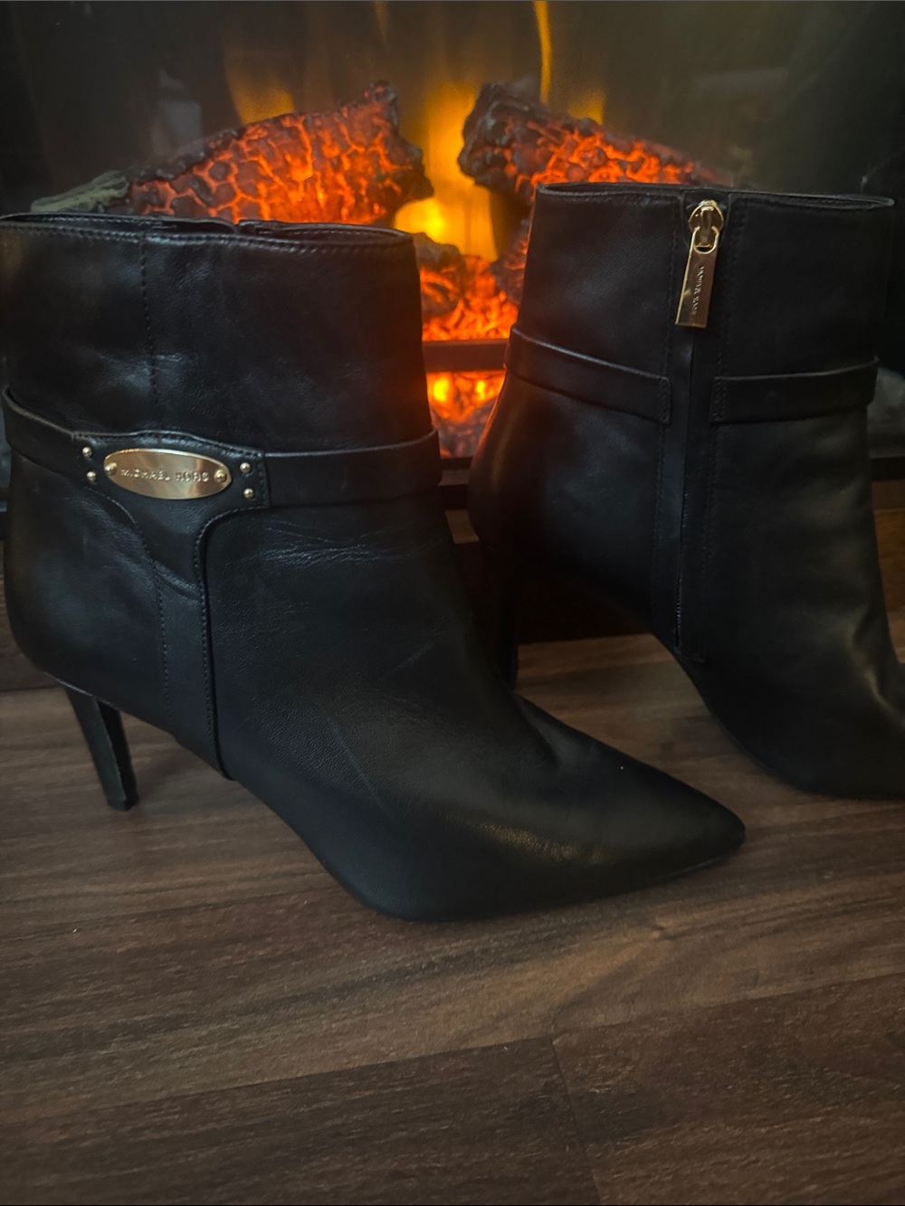 Michael Kors Black Leather Pointed-Toe Ankle Booties with Gold Hardware